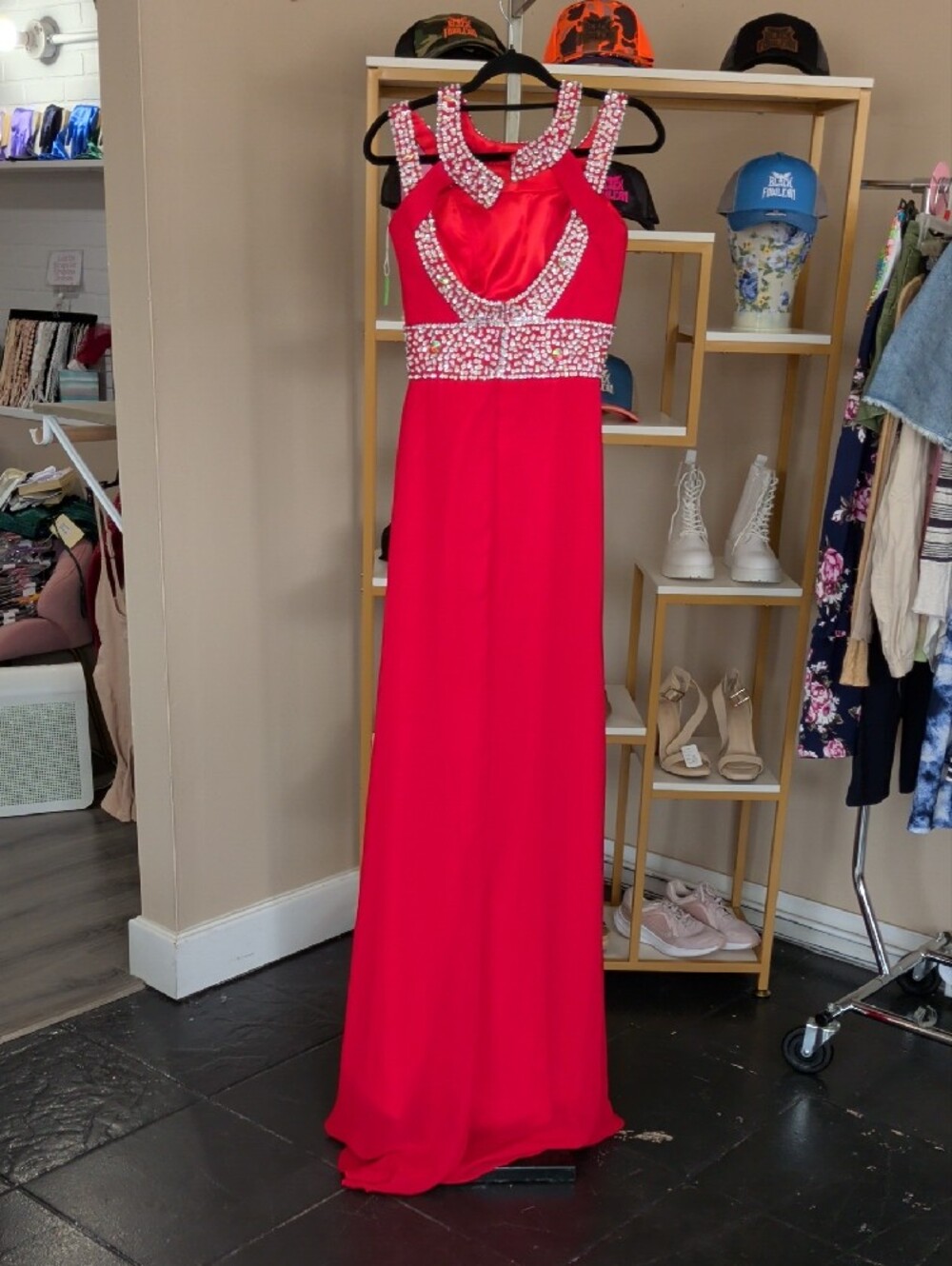 Rhinestoned Bright Red Formal Gown/ Pageant Dress - Picture 2 of 4